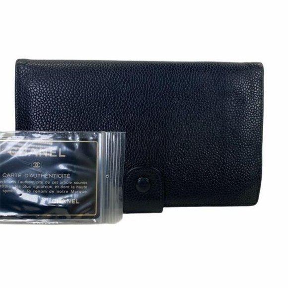 Authentic Chanel Wallet Long Black Caviar Skin Leather GG Vintage On Sale - Picture 1 of 11